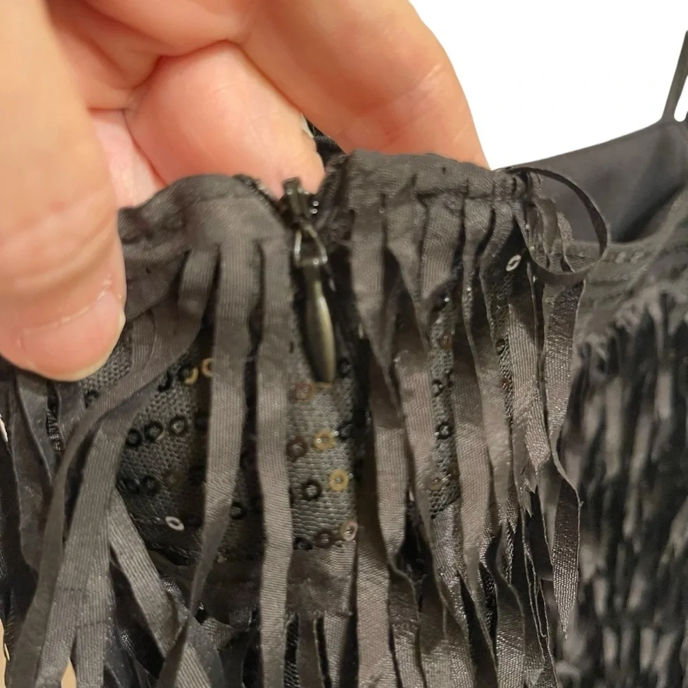 Zara Black Sequined Fringed Spaghetti Strap Mini Dress Lined Black Size Small